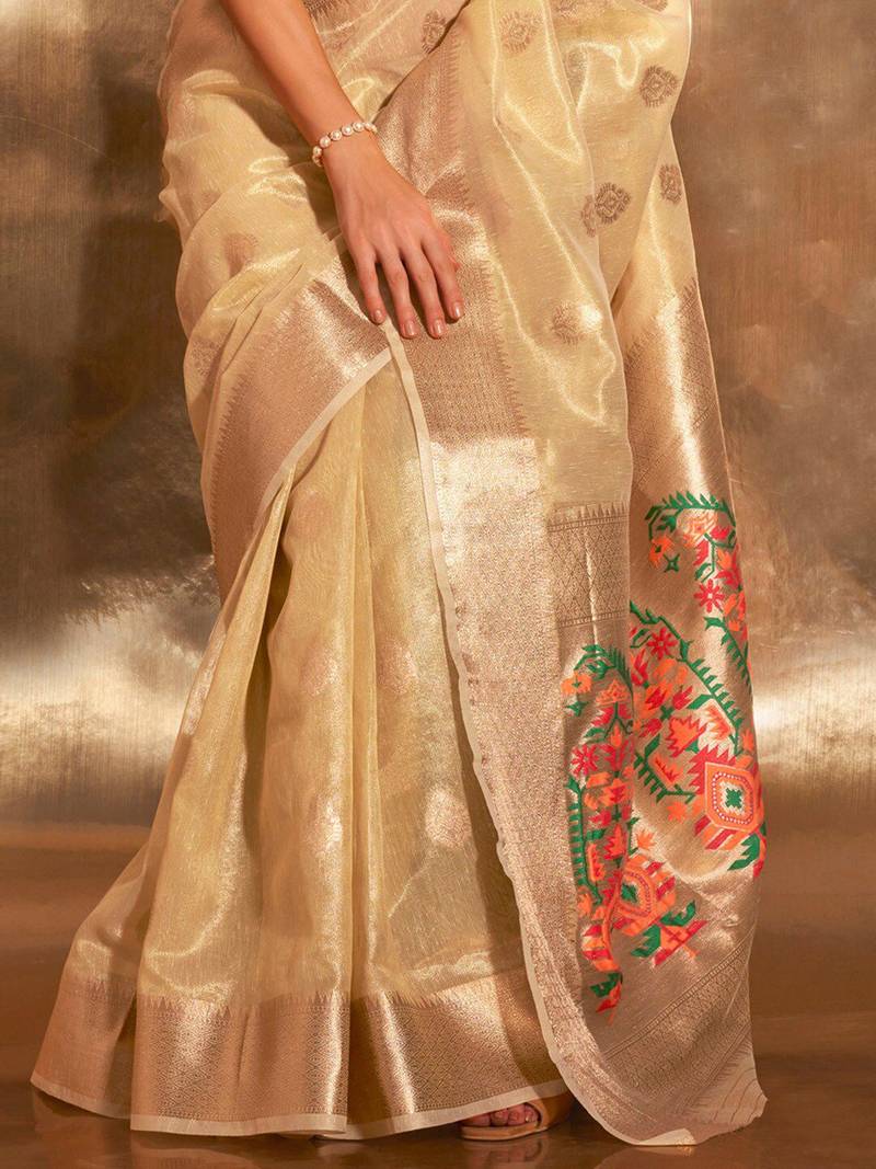 yellow woven design zari tissue banarasi saree