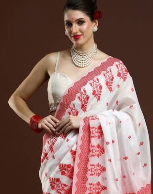 white geometric printed cotton saree with blouse 1