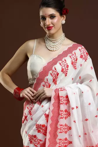 white geometric printed cotton saree with blouse
