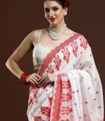 white geometric printed cotton saree with blouse