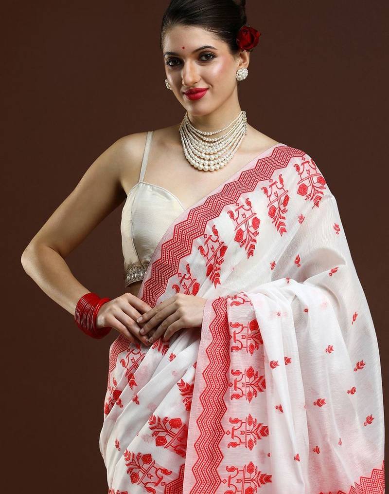 white geometric printed cotton saree with blouse