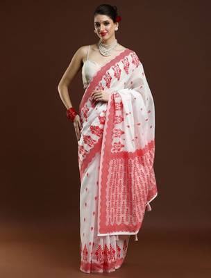 white geometric printed cotton saree with blouse 2