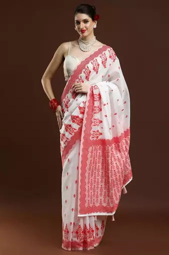 white geometric printed cotton saree with blouse