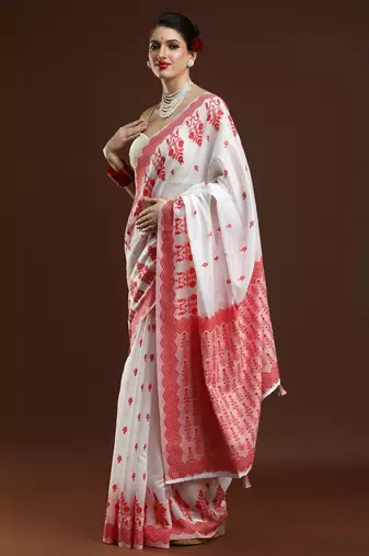 white geometric printed cotton saree with blouse