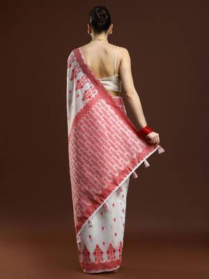 white geometric printed cotton saree with blouse 4