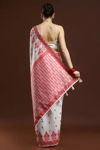 white geometric printed cotton saree with blouse