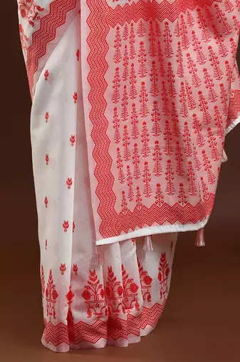 white geometric printed cotton saree with blouse