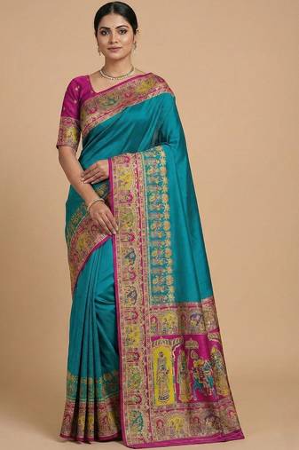 teal ethnic motifs zari pashmina handloom saree