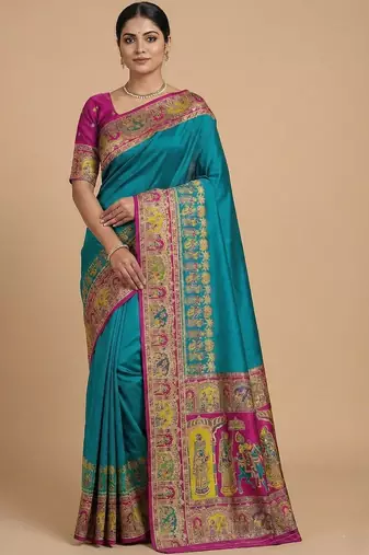 teal ethnic motifs zari pashmina handloom saree