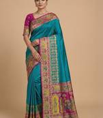 teal ethnic motifs zari pashmina handloom saree