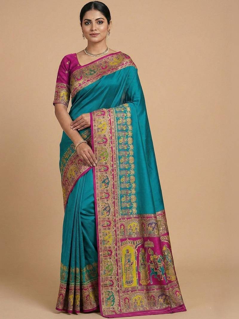 teal ethnic motifs zari pashmina handloom saree