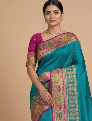 teal ethnic motifs zari pashmina handloom saree 2
