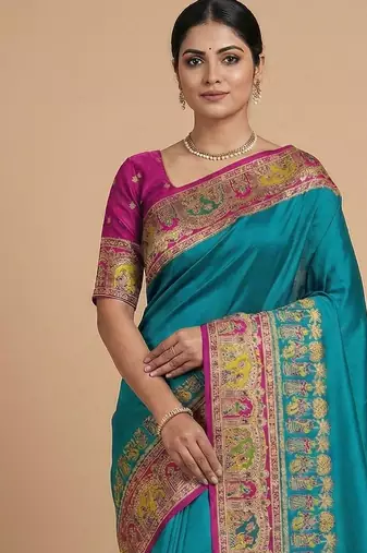 teal ethnic motifs zari pashmina handloom saree