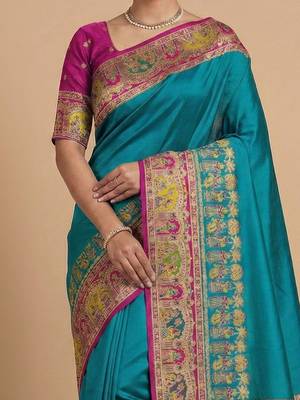 teal ethnic motifs zari pashmina handloom saree 3