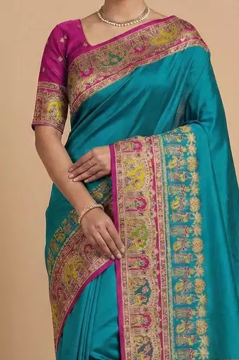 teal ethnic motifs zari pashmina handloom saree