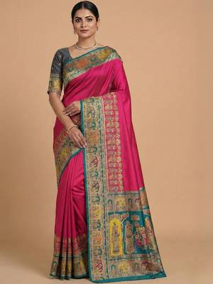 magenta ethnic motifs zari pashmina designer saree 1