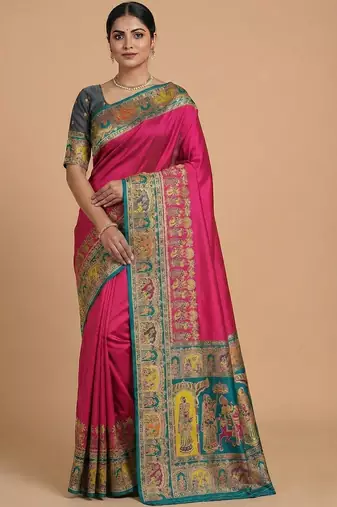 magenta ethnic motifs zari pashmina designer saree