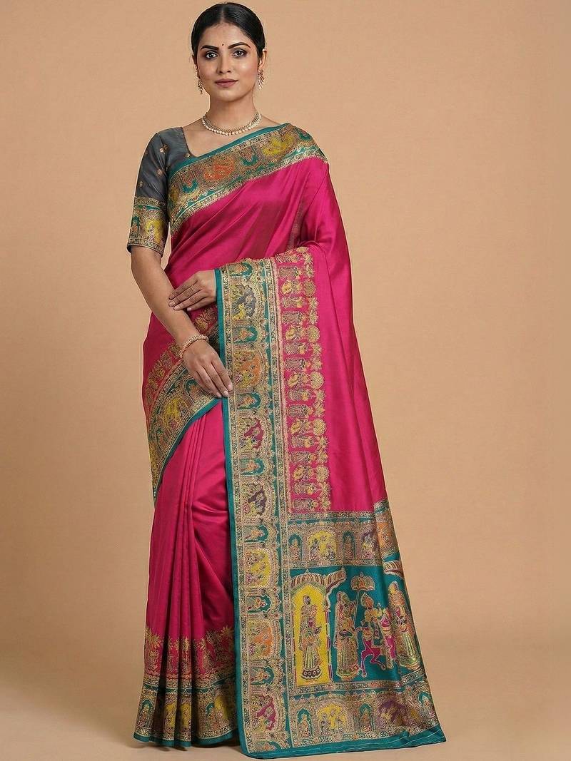 magenta ethnic motifs zari pashmina designer saree