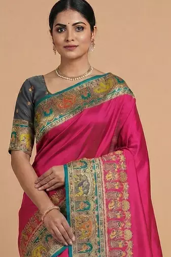 magenta ethnic motifs zari pashmina designer saree