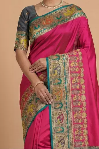 magenta ethnic motifs zari pashmina designer saree