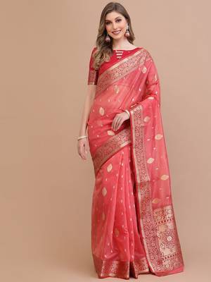coral coral & gold-toned ethnic motifs woven design zari saree 1
