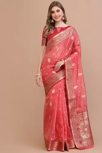 coral coral & gold-toned ethnic motifs woven design zari saree