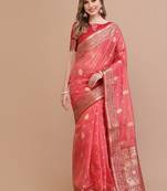 coral coral & gold-toned ethnic motifs woven design zari saree