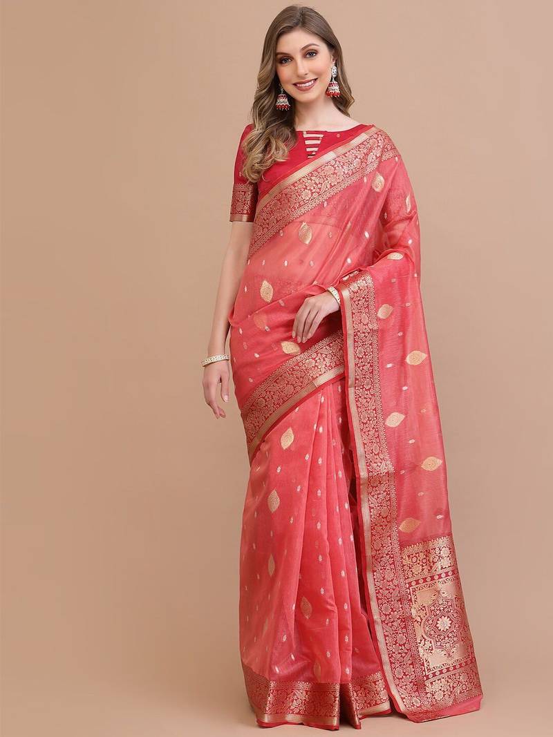 coral coral & gold-toned ethnic motifs woven design zari saree