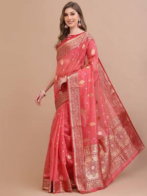 coral coral & gold-toned ethnic motifs woven design zari saree 2