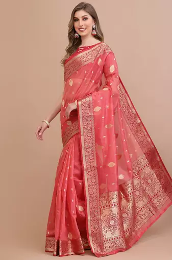 coral coral & gold-toned ethnic motifs woven design zari saree