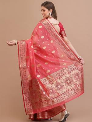 coral coral & gold-toned ethnic motifs woven design zari saree 3