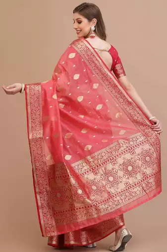 coral coral & gold-toned ethnic motifs woven design zari saree