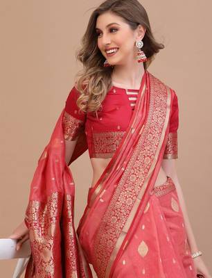 coral coral & gold-toned ethnic motifs woven design zari saree 4