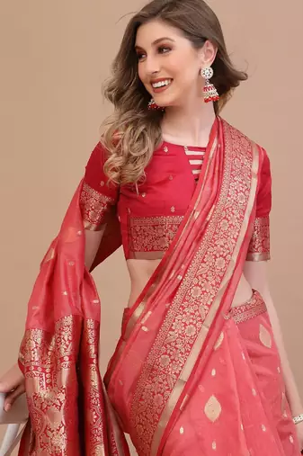 coral coral & gold-toned ethnic motifs woven design zari saree