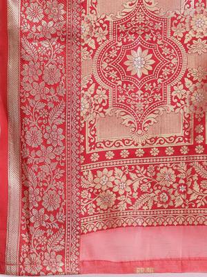 coral coral & gold-toned ethnic motifs woven design zari saree 5