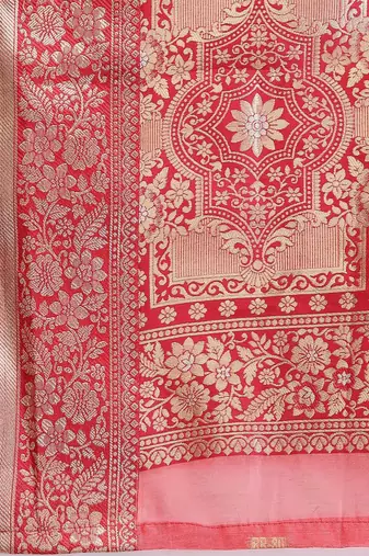 coral coral & gold-toned ethnic motifs woven design zari saree