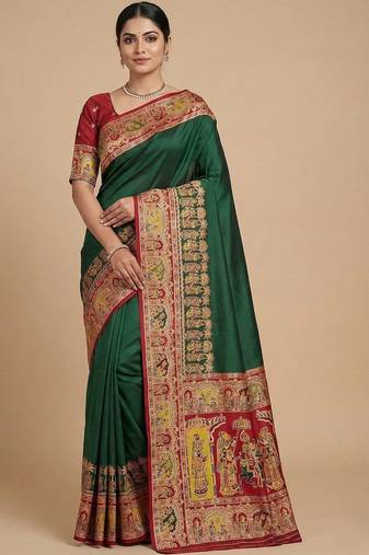 green ethnic motifs embroidered pashmina designer saree