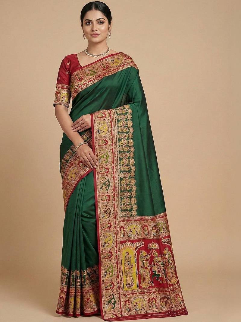 green ethnic motifs embroidered pashmina designer saree