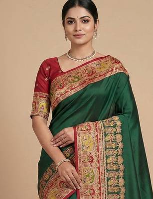 green ethnic motifs embroidered pashmina designer saree 2