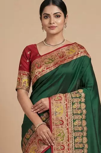 green ethnic motifs embroidered pashmina designer saree