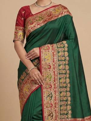 green ethnic motifs embroidered pashmina designer saree 3