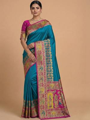 teal ethnic motifs zari pashmina heavy work saree 1