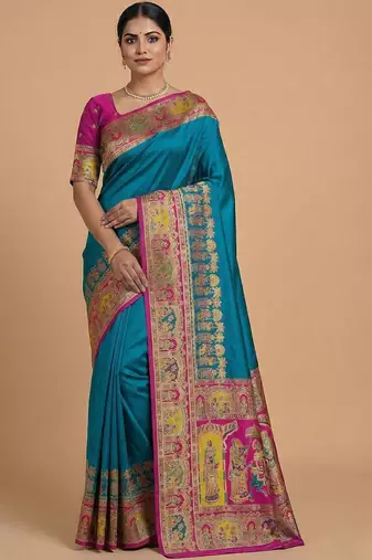 teal ethnic motifs zari pashmina heavy work saree