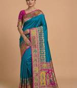 teal ethnic motifs zari pashmina heavy work saree