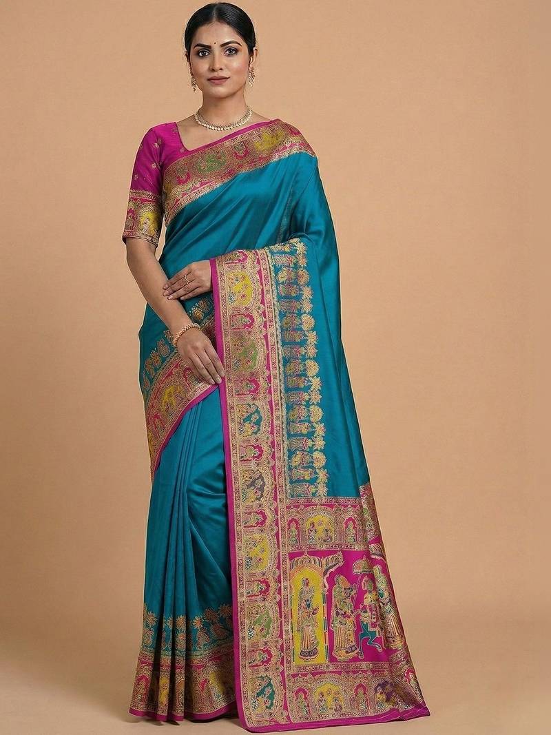 teal ethnic motifs zari pashmina heavy work saree