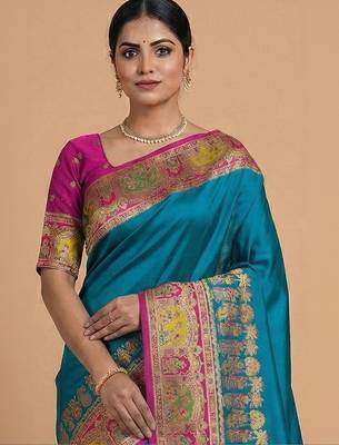 teal ethnic motifs zari pashmina heavy work saree 2