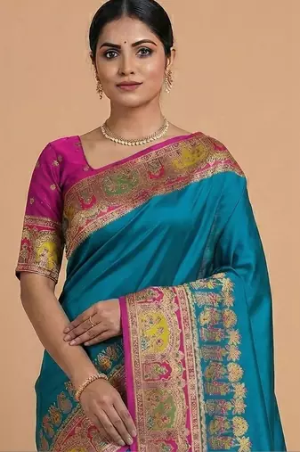 teal ethnic motifs zari pashmina heavy work saree