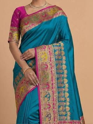 teal ethnic motifs zari pashmina heavy work saree 3