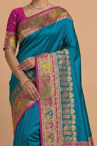 teal ethnic motifs zari pashmina heavy work saree