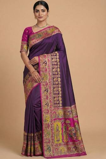purple ethnic motifs zari pashmina handloom saree